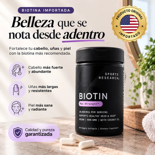 Biotina Sports Research IMPORTADA 10,000 mcg | Cabello, Piel y Uñas